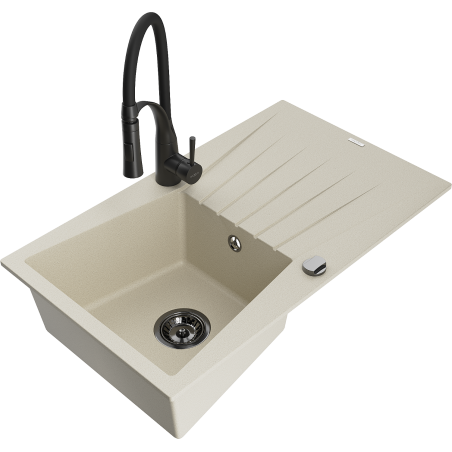 Mexen Cesar granite sink 1-bowl with drainer and Aster kitchen tap, beige - 6514-69-73450-70-B