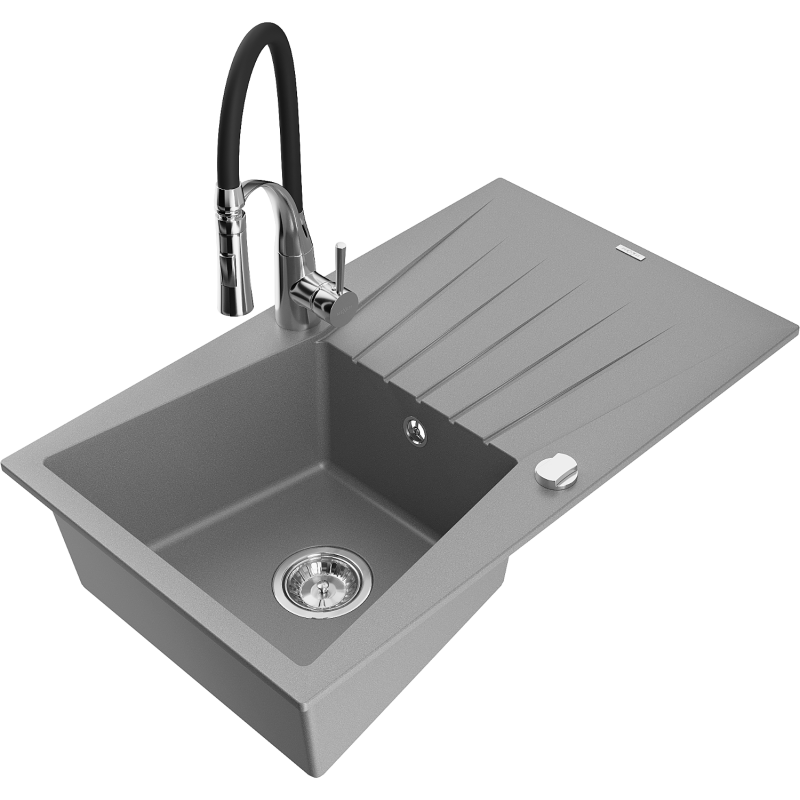 Mexen Cesar granite sink 1-bowl with drainer and Aster kitchen tap, grey - 6514-71-73450-07
