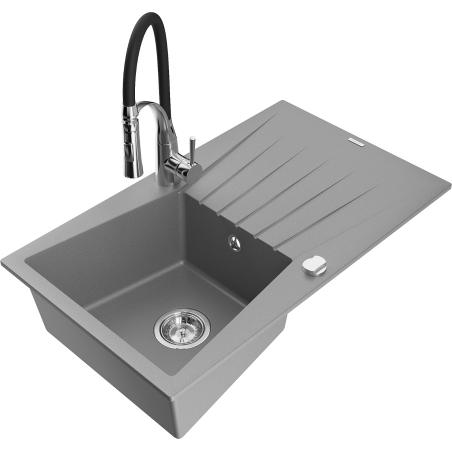Mexen Cesar granite sink 1-bowl with drainer and Aster kitchen tap, grey - 6514-71-73450-07