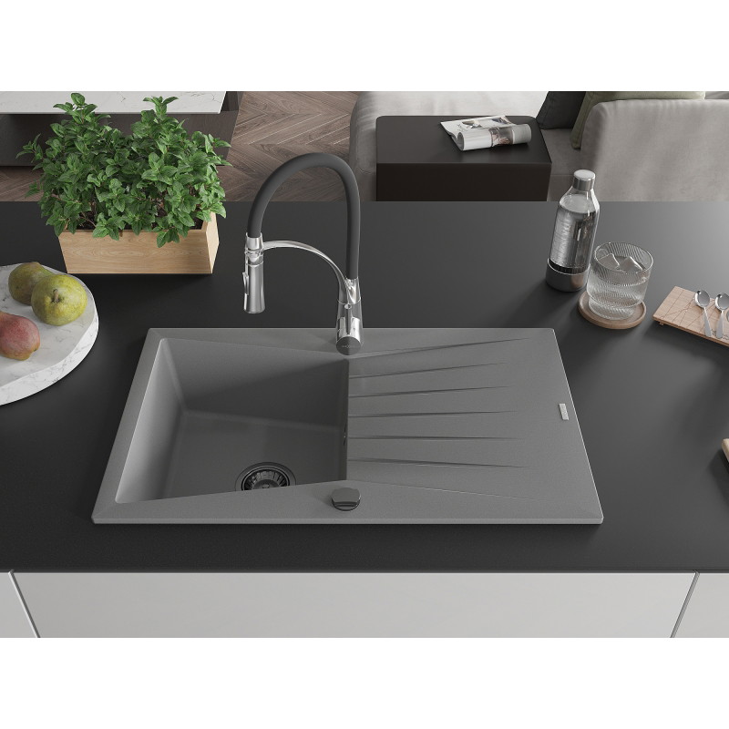 Mexen Cesar fregadero de granito de 1 seno con escurridor y grifo de cocina Aster, gris - 6514-71-73450-07-B