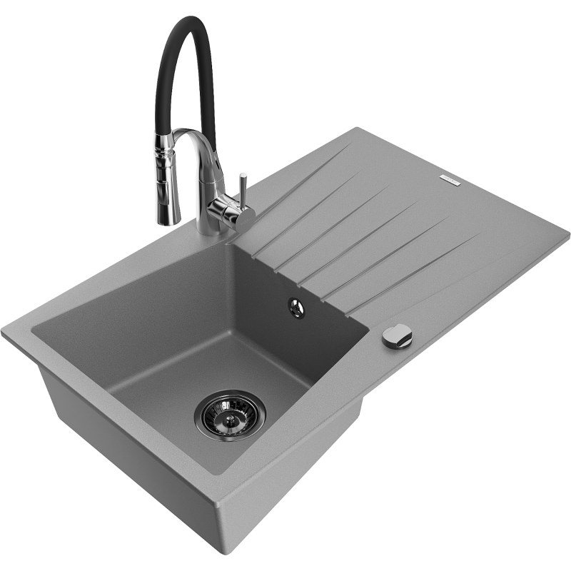 Mexen Cesar 1-Bowl Granite Kitchen Sink with Drainer and Aster Kitchen Tap, Grey - 6514-71-73450-07-B
