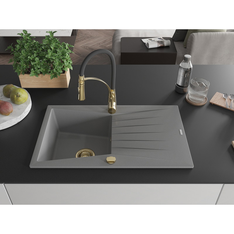 Mexen Cesar Granitspüle 1-Becken mit Abtropffläche und Küchenarmatur Aster, grau - 6514-71-73450-57-G