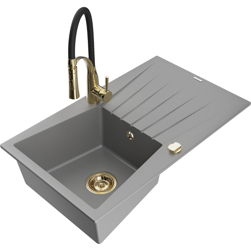 Mexen Cesar granite sink 1-bowl with drainer and Aster kitchen tap, grey - 6514-71-73450-57-G