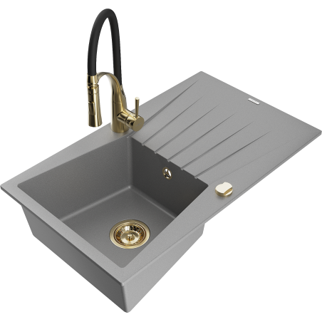 Mexen Cesar granite sink 1-bowl with drainer and Aster kitchen tap, grey - 6514-71-73450-57-G