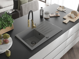 Mexen Cesar granitni sudoper s jednom komorom s ocjednikom i kuhinjskom slavinom Aster, siva - 6514-71-73450-57-B