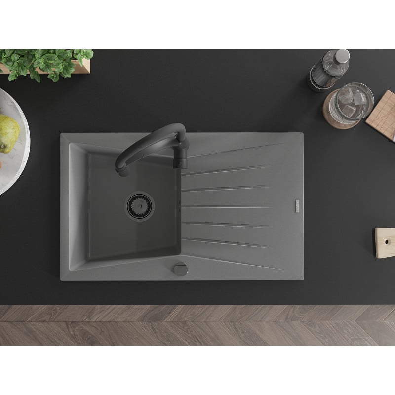 Mexen Cesar fregadero de granito de 1 cubeta con escurridor y grifo de cocina Aster, gris - 6514-71-73450-70-B