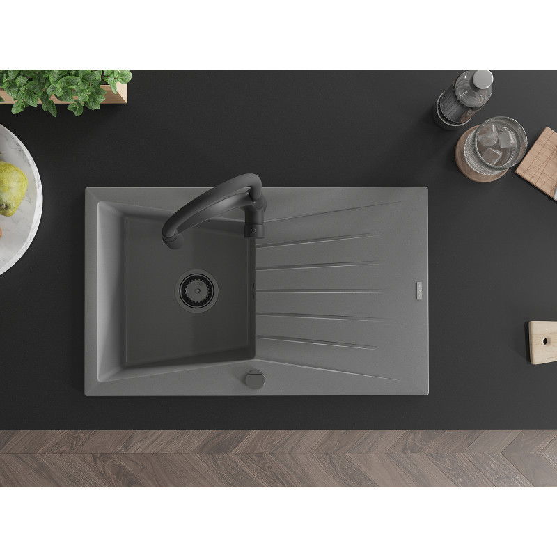 Mexen Cesar granīta izlietne ar vienu nodalījumu, drenāžu un virtuves jaucējkrānu Aster, pelēks - 6514-71-73450-70-B