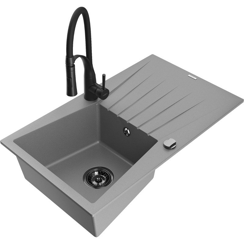 Mexen Cesar fregadero de granito de 1 cubeta con escurridor y grifo de cocina Aster, gris - 6514-71-73450-70-B