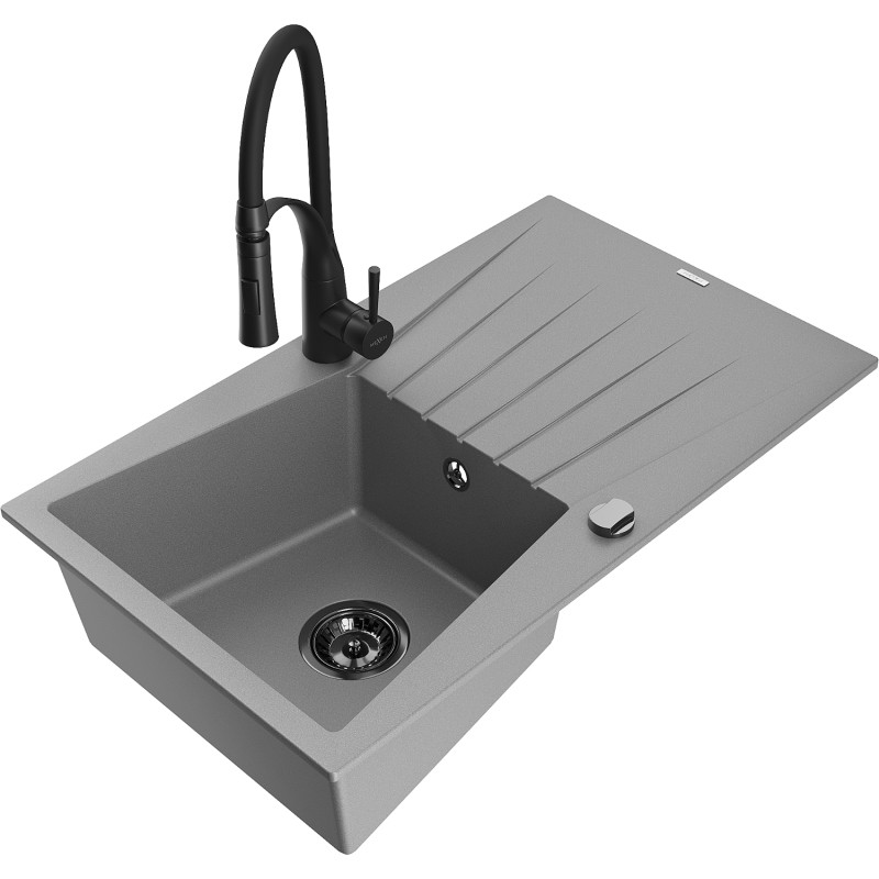 Mexen Cesar fregadero de granito de 1 cuenco con escurridor y grifo de cocina Aster, gris - 6514-71-73450-70-B