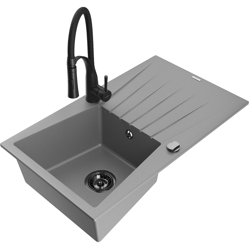 Mexen Cesar granite sink 1-bowl with drainer and Aster kitchen tap, grey - 6514-71-73450-70-B