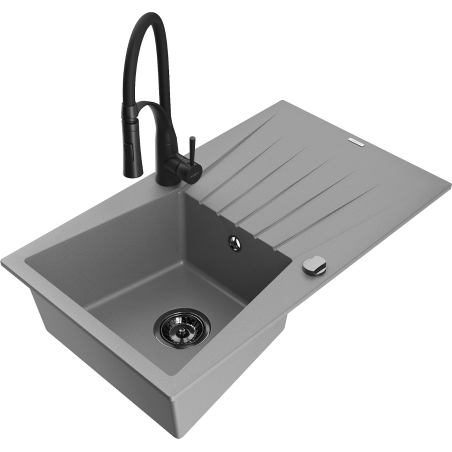 Mexen Cesar granite sink 1-bowl with drainer and Aster kitchen tap, grey - 6514-71-73450-70-B
