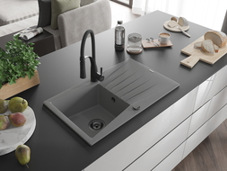Mexen Cesar fregadero de granito de 1 cubeta con escurridor y grifo de cocina Aster, gris - 6514-71-73450-70-B