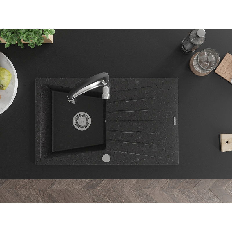 Mexen Cesar Granitspüle 1-Becken mit Abtropffläche und Küchenarmatur Aster, schwarz/silber metallisch - 6514-73-73450-07