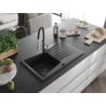 Mexen Cesar granite sink 1-bowl with drainer and Aster kitchen tap, black/silver metallic - 6514-73-73450-07-B