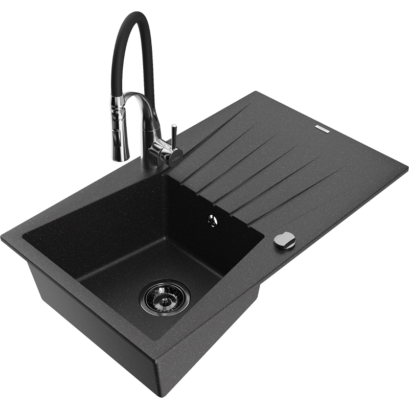Mexen Cesar granite sink 1-bowl with drainer and Aster kitchen tap, black/silver metallic - 6514-73-73450-07-B