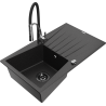 Mexen Cesar granite sink 1-bowl with drainer and Aster kitchen tap, black/silver metallic - 6514-73-73450-07-B
