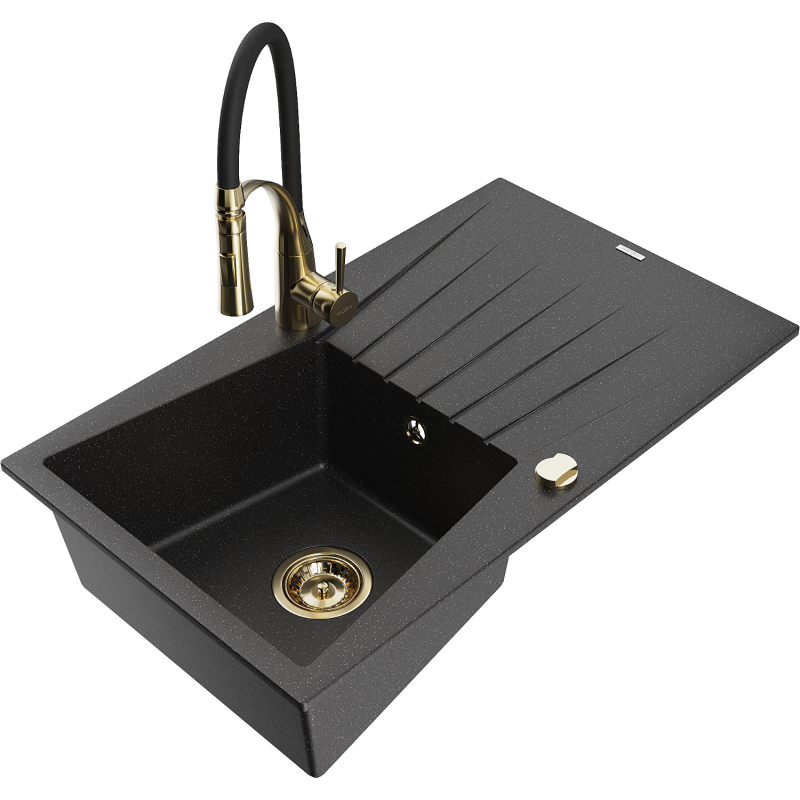 Mexen Cesar granitstenen gootsteen met 1 bak en afdruiprek en keukenmengkraan Aster, zwart/zilver metallic - 6514-73-73450-57-G