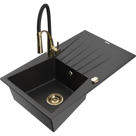 Mexen Cesar granitstenen gootsteen met 1 bak en afdruiprek en keukenmengkraan Aster, zwart/zilver metallic - 6514-73-73450-57-G