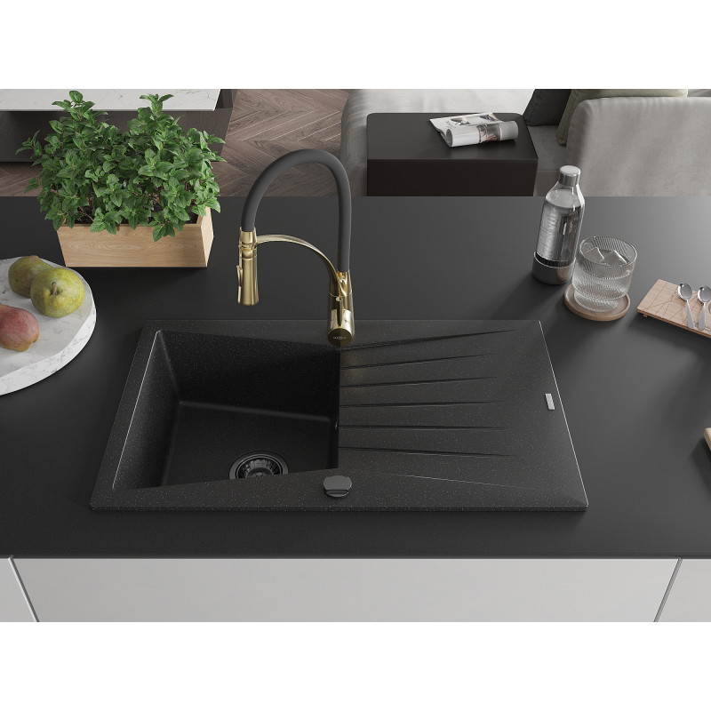 Mexen Cesar fregadero de granito de 1 cubeta con escurridor y grifo de cocina Aster, negro/plateado metálico