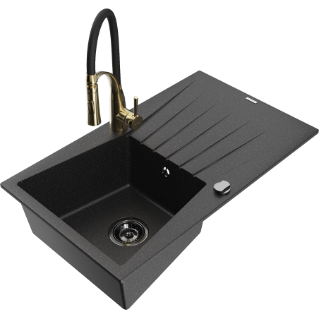 Mexen Cesar fregadero de granito de 1 cubeta con escurridor y grifo de cocina Aster, negro/plateado metálico