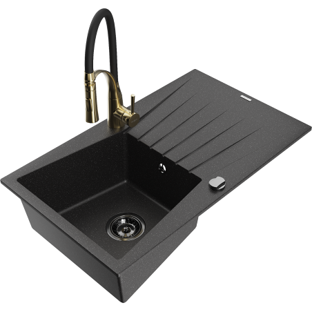 Mexen Cesar granite sink 1-bowl with drainer and Aster kitchen tap, black/silver metallic - 6514-73-73450-57-B