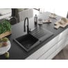 Mexen Cesar 1-bowl granite sink with drainer and Aster kitchen tap, black/silver metallic - 6514-73-73450-70-B