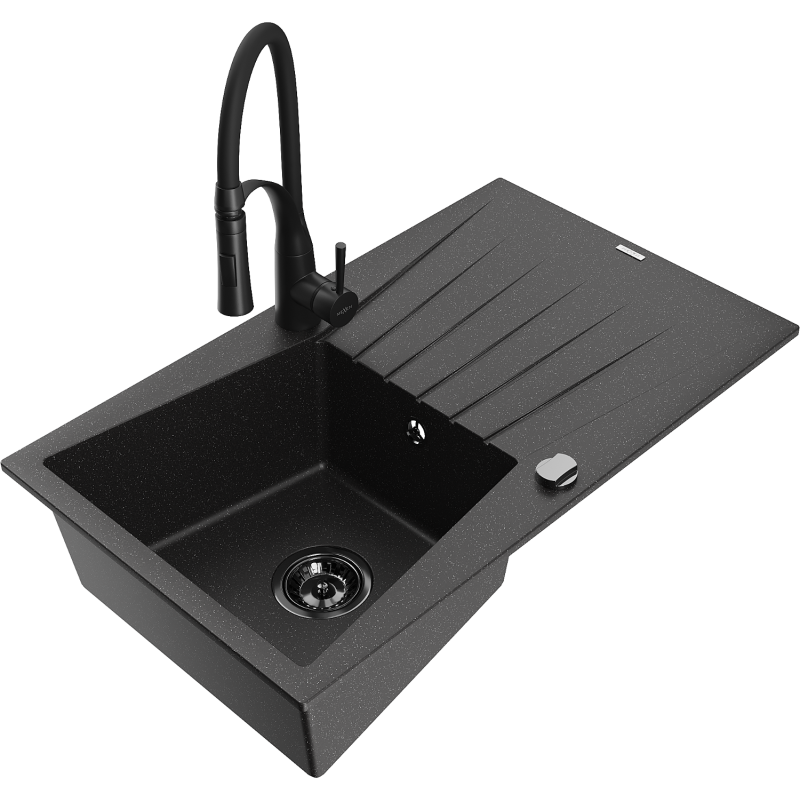 Mexen Cesar 1-kommer granieten spoelbak met afdruiprek en Aster keukenkraan, zwart/zilver metallic - 6514-73-73450-70-B