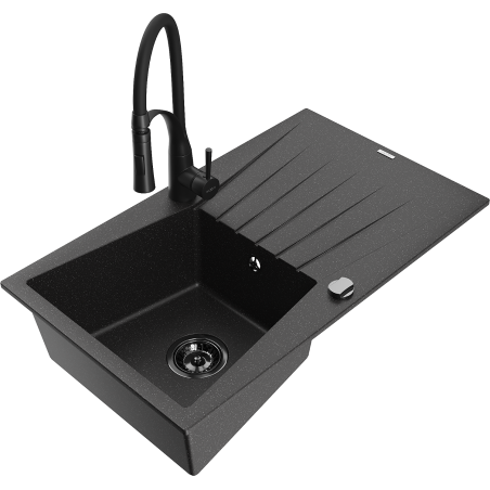 Mexen Cesar 1-bowl granite sink with drainer and Aster kitchen tap, black/silver metallic - 6514-73-73450-70-B