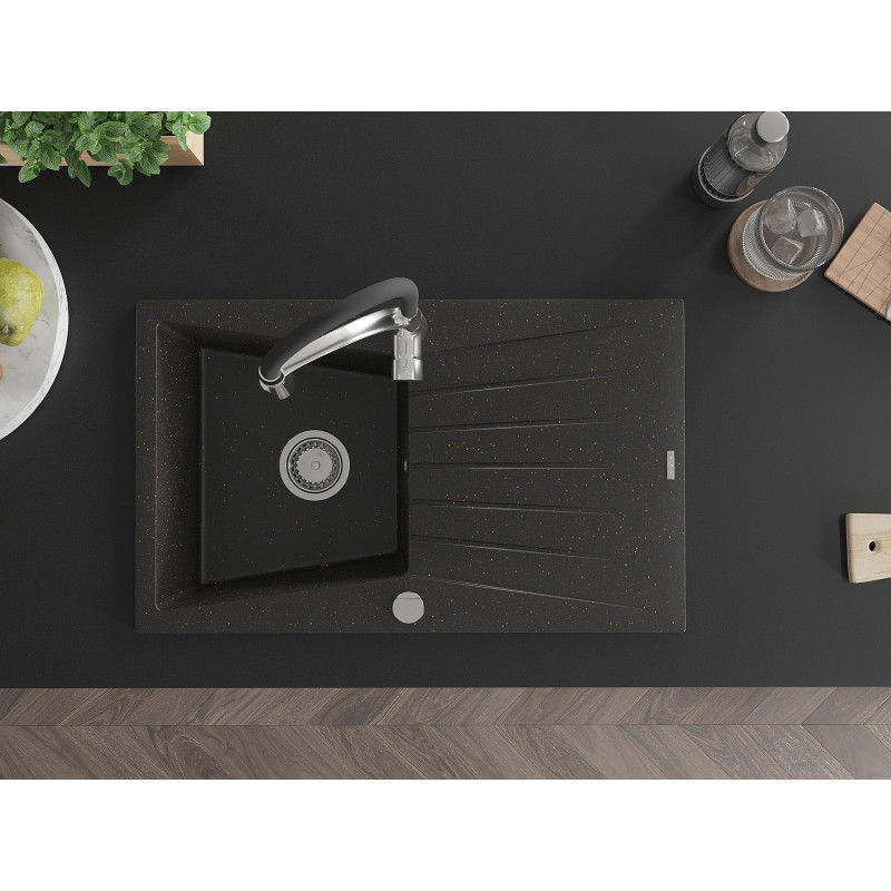 Mexen Cesar granieten enkele spoelbak met afdruiprek en keukenkraan Aster, zwart/gouden metallic - 6514-75-73450-07