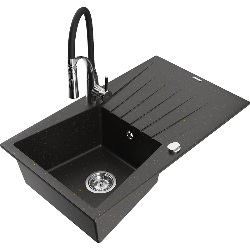 Mexen Cesar lava-loiça de granito 1-cuba com escorredor e torneira de cozinha Aster, preto/ouro metálico - 6514-75-73450-07