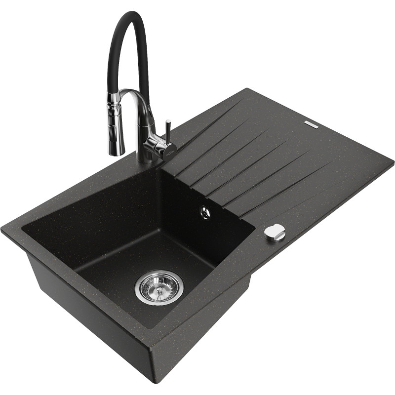 Mexen Cesar lavello in granito a 1 vasca con gocciolatoio e miscelatore da cucina Aster, nero/oro metallizzato