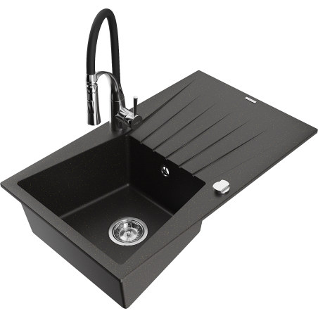 Mexen Cesar granite sink 1-bowl with drainer and Aster kitchen tap, black/gold metallic - 6514-75-73450-07