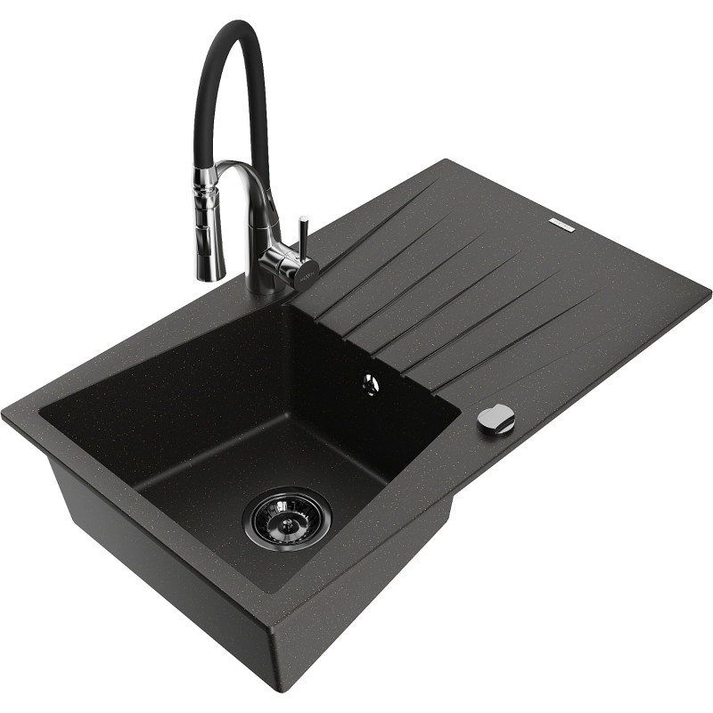 Mexen Cesar granitische spoelbak met 1 compartiment, afdruiprek en keukenmengkraan Aster, zwart/goud metallic