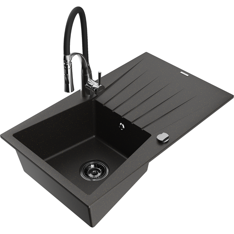 Mexen Cesar lava-loiça de granito de 1 bacia com escorredor e torneira de cozinha Aster, preto/dourado metálico