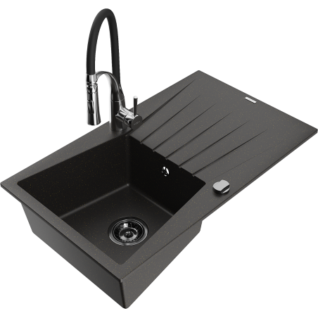 Mexen Cesar single-bowl granite sink with drainer and Aster kitchen tap, black/gold metallic - 6514-75-73450-07-B