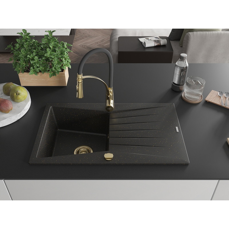 Mexen Cesar granitische spoelbak met 1 kom, afdruiprek en keukenmengkraan Aster, zwart/gouden metallic - 6514-75-73450-57-G