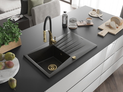 Mexen Cesar granieten gootsteen 1-komorige met druiprek en keukenmengkraan Aster, zwart/goud metallic - 6514-75-73450-57-G