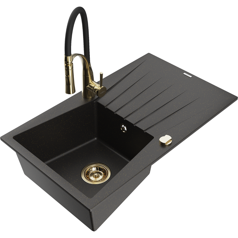 Mexen Cesar lavello in granito a 1 vasca con sgocciolatoio e miscelatore cucina Aster, nero/oro metallizzato