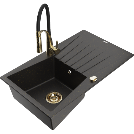 Mexen Cesar fregadero de granito de 1 cubeta con escurridor y grifo de cocina Aster, negro/dorado metálico - 6514-75-73450-57-G
