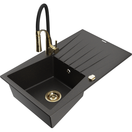 Mexen Cesar granite kitchen sink 1-bowl with drainer and Aster kitchen tap, black/gold metallic - 6514-75-73450-57-G