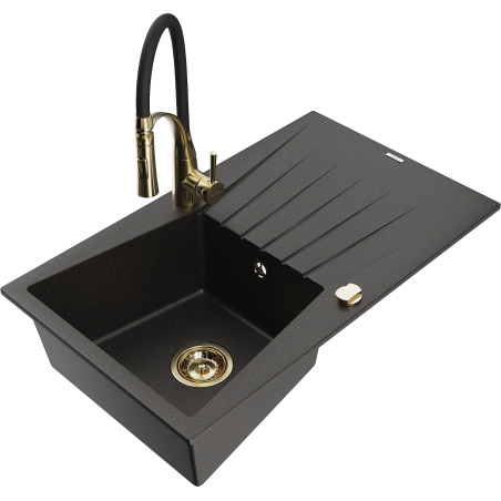 Mexen Cesar lavello in granito a 1 vasca con sgocciolatoio e miscelatore cucina Aster, nero/oro metallizzato
