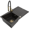 Mexen Cesar granite kitchen sink 1-bowl with drainer and Aster kitchen tap, black/gold metallic - 6514-75-73450-57-G