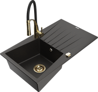 Mexen Cesar granieten gootsteen 1-komorige met druiprek en keukenmengkraan Aster, zwart/goud metallic - 6514-75-73450-57-G