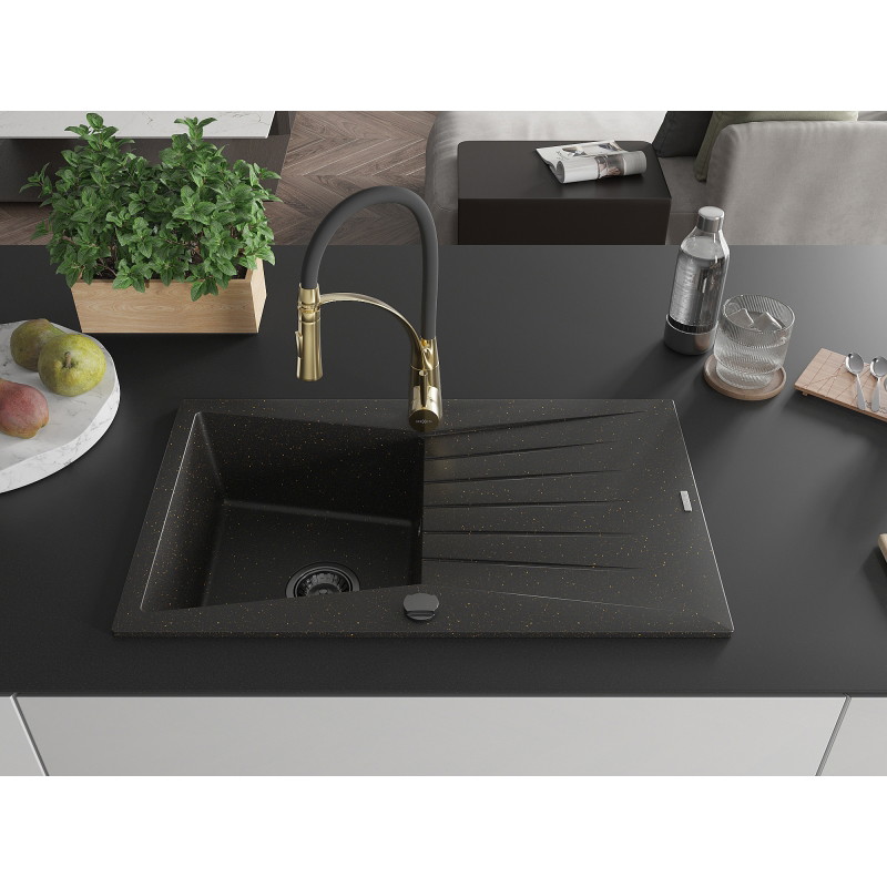 Mexen Cesar granitische 1-bak spoelbak met druiprek en keukenmengkraan Aster, zwart/goud metallic - 6514-75-73450-57-B
