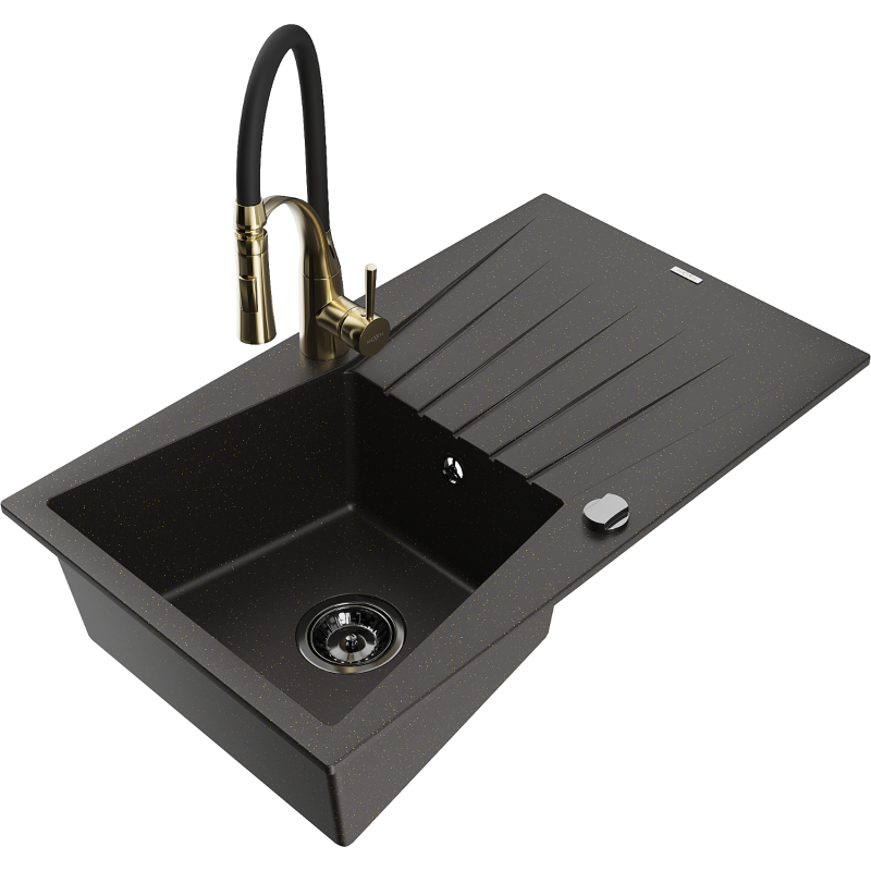 Mexen Cesar 1-Bowl Granite Kitchen Sink with Drainer and Aster Kitchen Tap, Black/Gold Metallic - 6514-75-73450-57-B