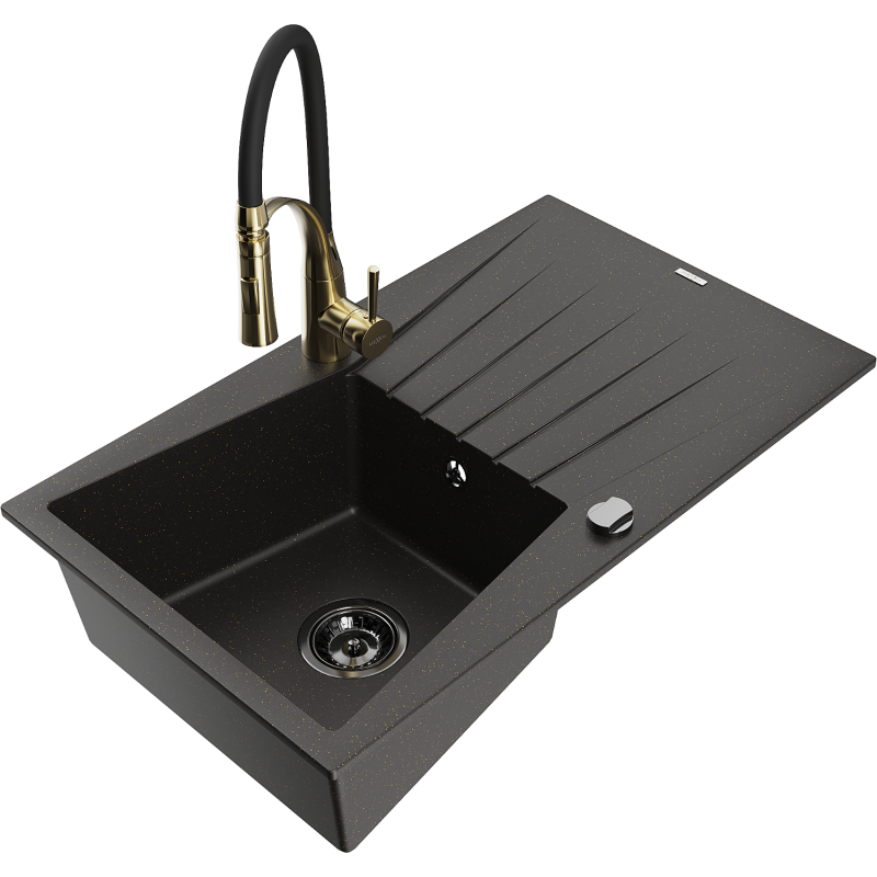 Mexen Cesar fregadero de granito de 1 compartimento con escurridor y grifo de cocina Aster, negro/oro metálico
