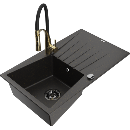 Mexen Cesar 1-Bowl Granite Kitchen Sink with Drainer and Aster Kitchen Tap, Black/Gold Metallic - 6514-75-73450-57-B