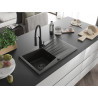 Mexen Cesar Granitspüle 1-beckig mit Abtropffläche und Küchenarmatur Aster, schwarz/goldenes Metallic - 6514-75-73450-70-B