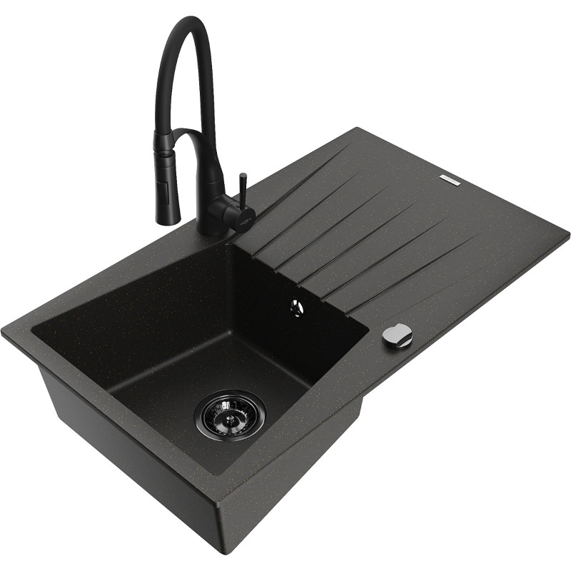 Mexen Cesar granieten spoelbak 1-komps met afdruipblad en keukenmengkraan Aster, zwart/gouden metallic - 6514-75-73450-70-B
