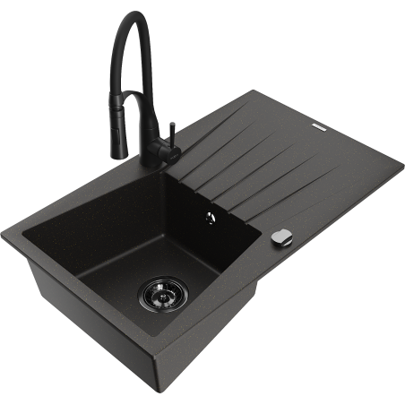 Mexen Cesar fregadero de granito de 1 seno con escurridor y grifo de cocina Aster, negro/dorado metálico - 6514-75-73450-70-B